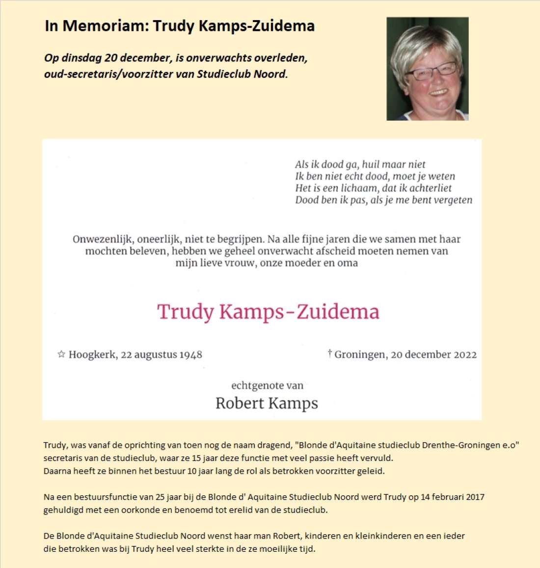 Memoriam Trudy Kamps-Zuidema bericht